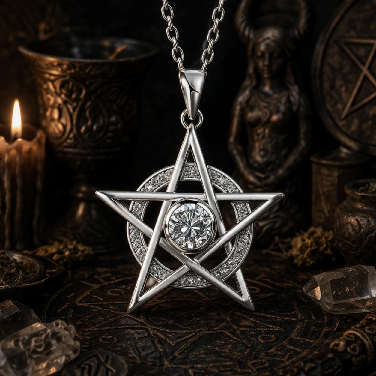 Witchcraft Pentagram Pendant Necklace with Clear Cubic Zirconia Wicca Jewelry-MoonChildWorld
