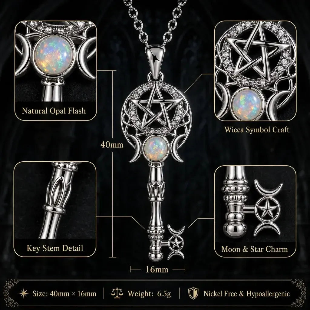 Witchcraft Pentagram Triple Moon Key Shape Necklace - Opal Wicca Symbol Pendant Witch Amulet Protection Jewelry-MoonChildWorld