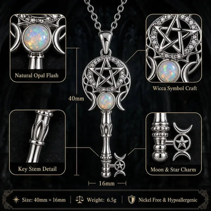 Witchcraft Pentagram Triple Moon Key Shape Necklace - Opal Wicca Symbol Pendant Witch Amulet Protection Jewelry-MoonChildWorld