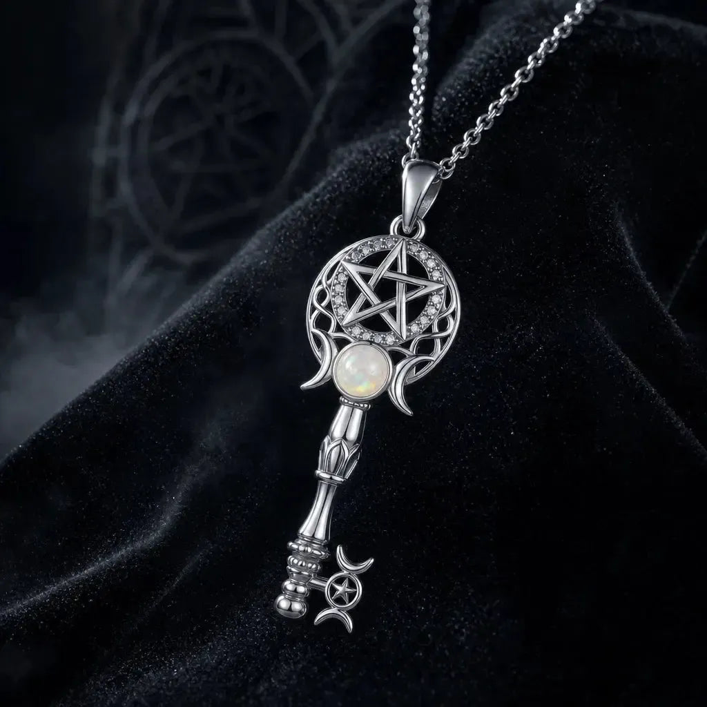 A silver-toned key-shaped pendant necklace with a pentagram design, moon phases, and a white opal-like center stone, displayed on a black velvet surface.