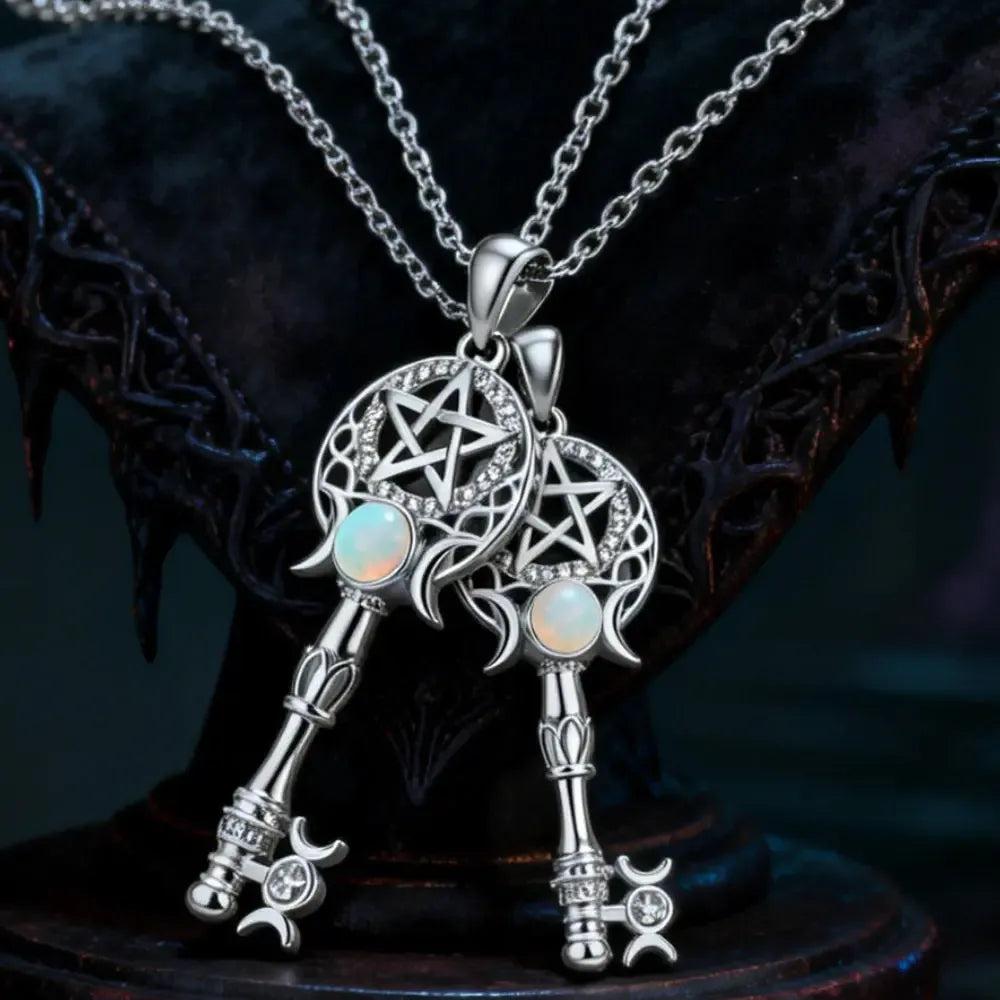 Witchcraft Pentagram Triple Moon Key Shape Necklace - Opal Wicca Symbol Pendant Witch Amulet Protection Jewelry-MoonChildWorld