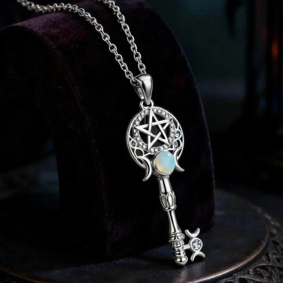 Witchcraft Pentagram Triple Moon Key Shape Necklace - Opal Wicca Symbol Pendant Witch Amulet Protection Jewelry-MoonChildWorld