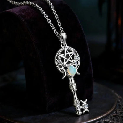 Witchcraft Pentagram Triple Moon Key Shape Necklace - Opal Wicca Symbol Pendant Witch Amulet Protection Jewelry-MoonChildWorld