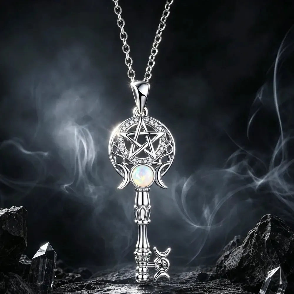 A silver key-shaped pendant necklace with a pentagram design, moon crescents, and an iridescent opal-like center stone, hanging against a dark smoky background with rocks at the bottom.