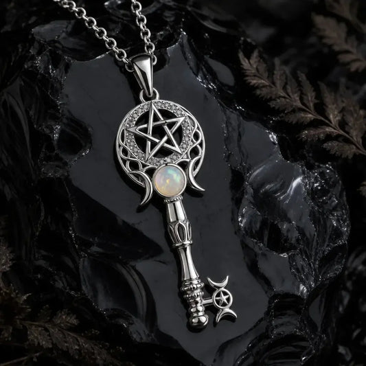 A silver-toned key pendant necklace with a pentagram and crescent moon design, featuring an opal inlay, displayed on a glossy black rock with dried botanicals.