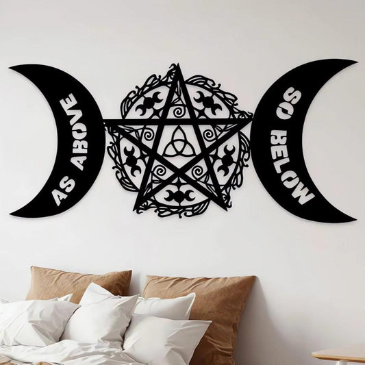 Witchcraft Pentagram Triple Moon Metal Wall Art Wicca Metal Sign Pagan Decor-MoonChildWorld