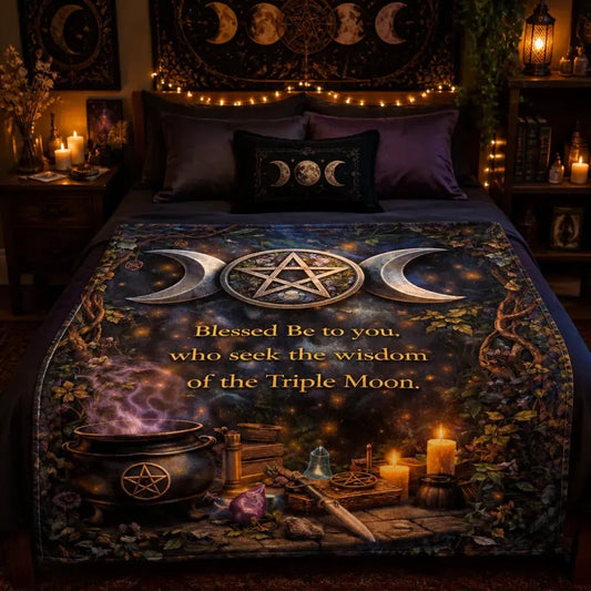 Witchcraft Pentagram & Triple Moon Wiccan Blanket for Pagan Yule Home Decor_mockup_1.webp