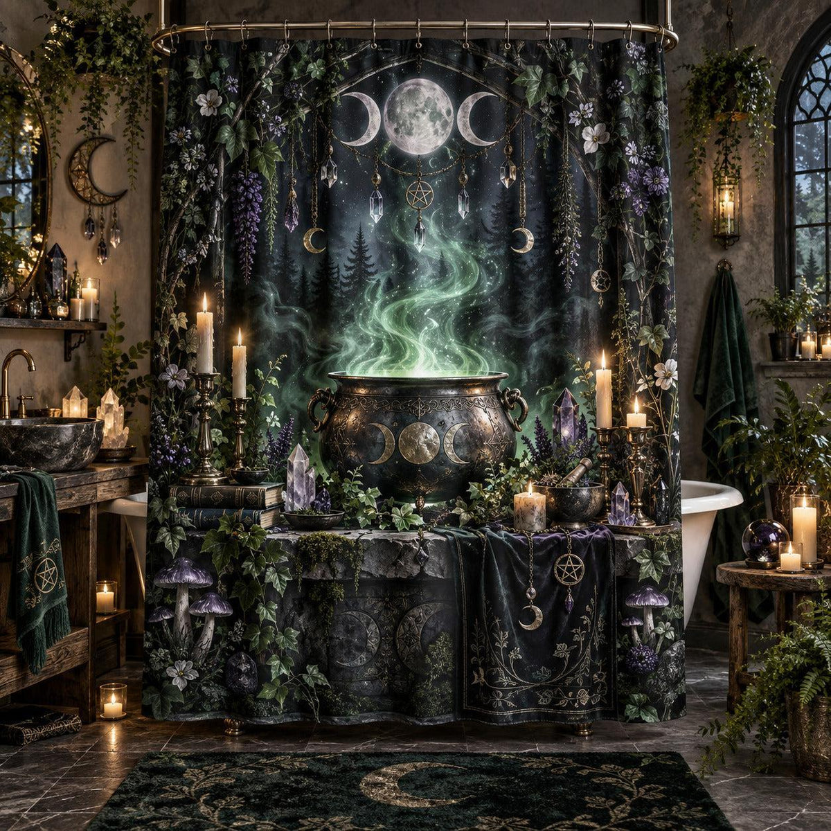 Witchcraft Shower Curtain - Midnight Cauldron Ritual Decor