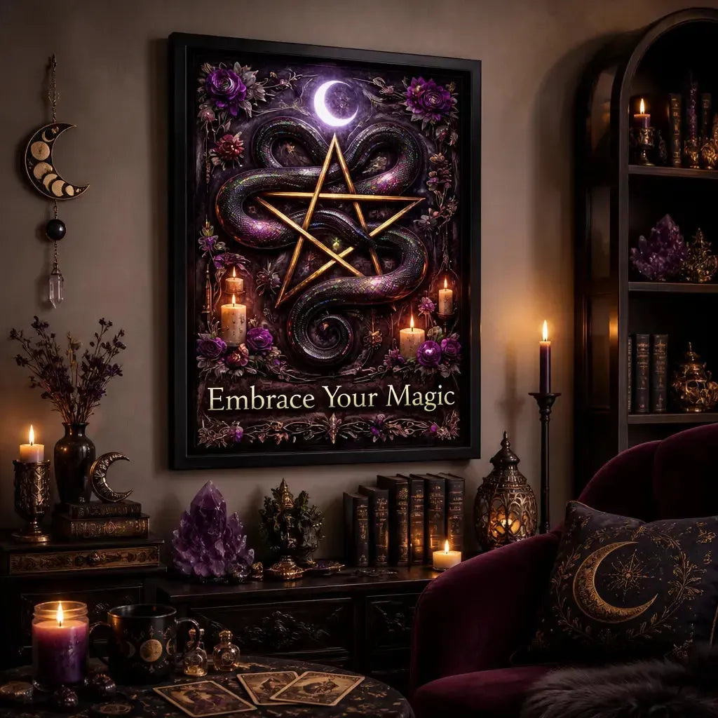 Witchcraft Snake Pentagram Canvas Wall Art - Gothic Black Framed Print for Wicca Altar & Spiritual Space_mockup_1.webp