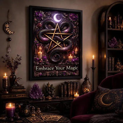 Witchcraft Snake Pentagram Canvas Wall Art - Gothic Black Framed Print for Wicca Altar & Spiritual Space_mockup_1.webp
