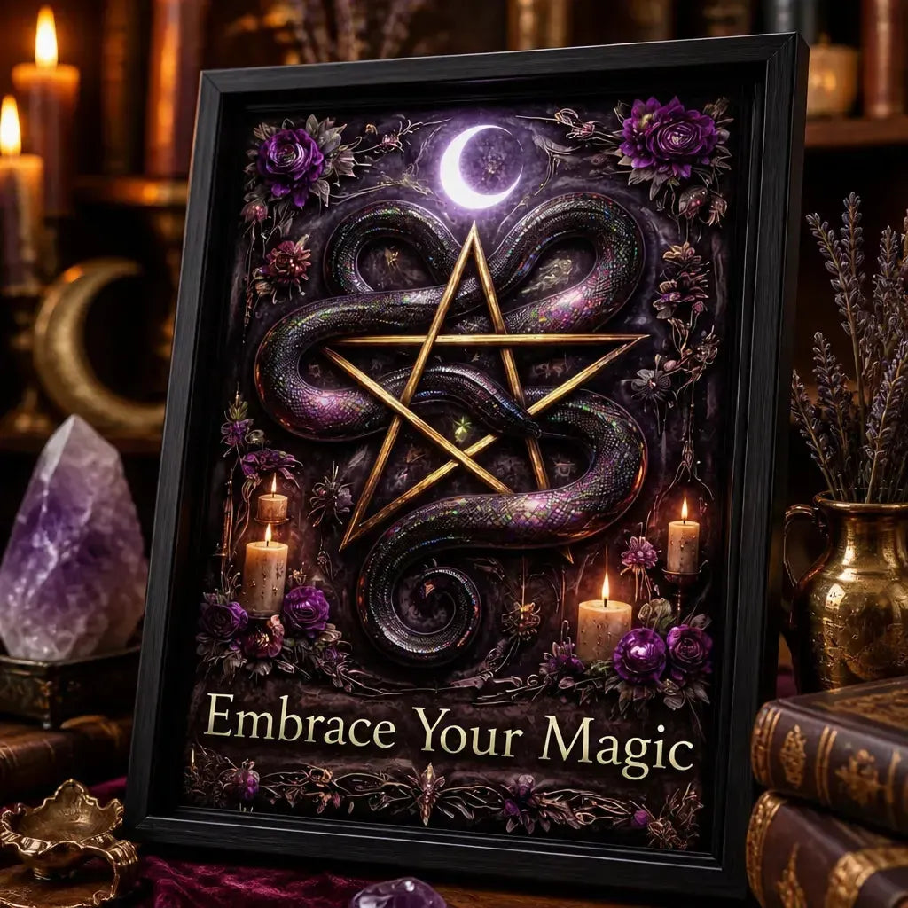 Witchcraft Snake Pentagram Canvas Wall Art - Gothic Black Framed Print for Wicca Altar & Spiritual Space_mockup_3.webp