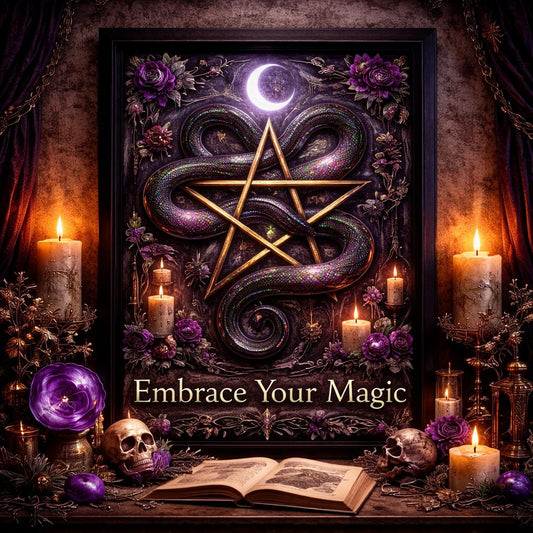 Gothic black framed canvas art with a shimmering purple snake coiled around a golden pentagram and crescent moon, surrounded by candles and purple roses.