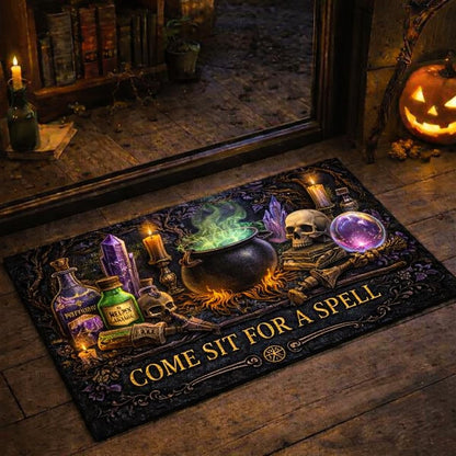 Black witchcraft spell doormat with a bubbling cauldron, skull, crystals, and "COME SIT FOR A SPELL" text.