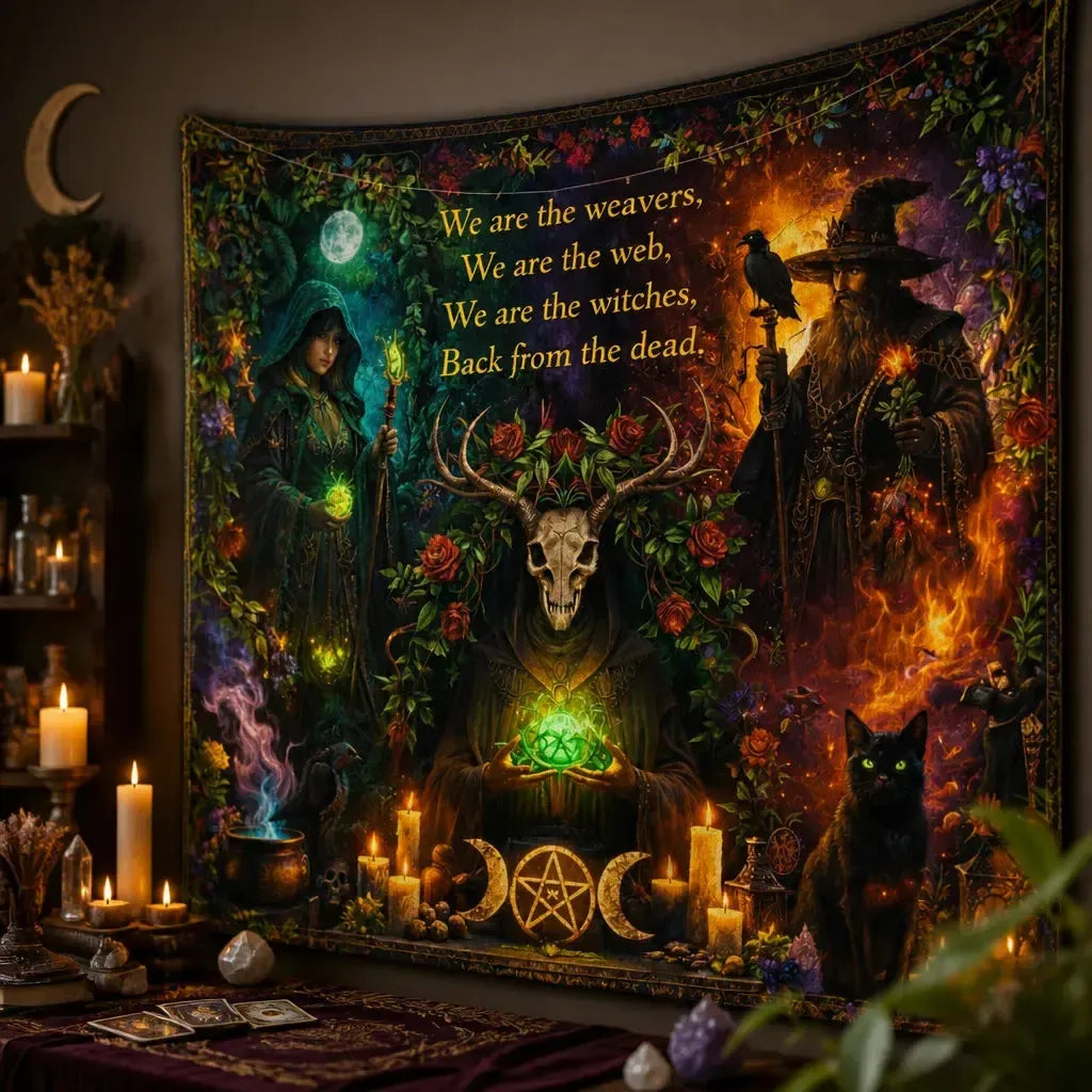 Witchcraft Spell Knowledge Tapestry – Wiccan Altar Wall Hanging_mockup_3.webp