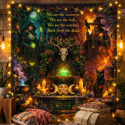 Mystical Wiccan tapestry with a witch, wizard, skull, black cat, candles, and "We are the weavers" text.