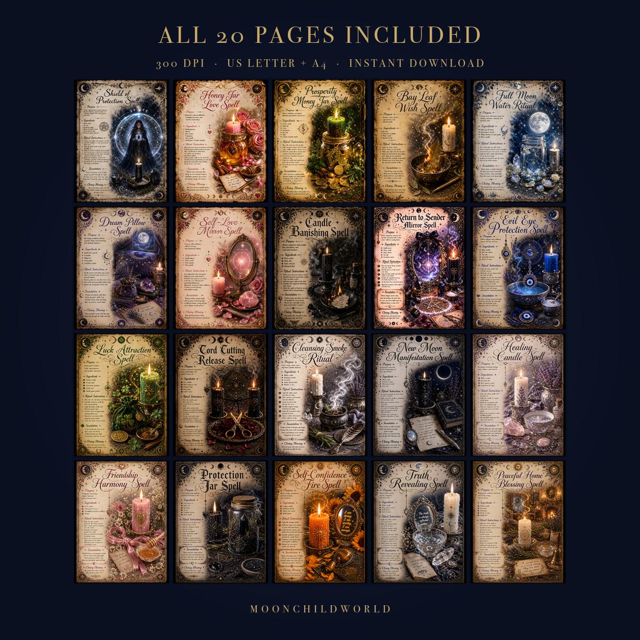 Twenty printable witchcraft spell pages on aged parchment with gold details, featuring mystical illustrations and ritual instructions.