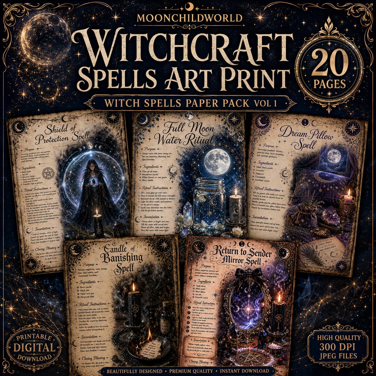 Aged parchment spell pages with gold accents, celestial illustrations, and ritual instructions for a printable witchcraft set.