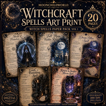 Aged parchment spell pages with gold accents, celestial illustrations, and ritual instructions for a printable witchcraft set.
