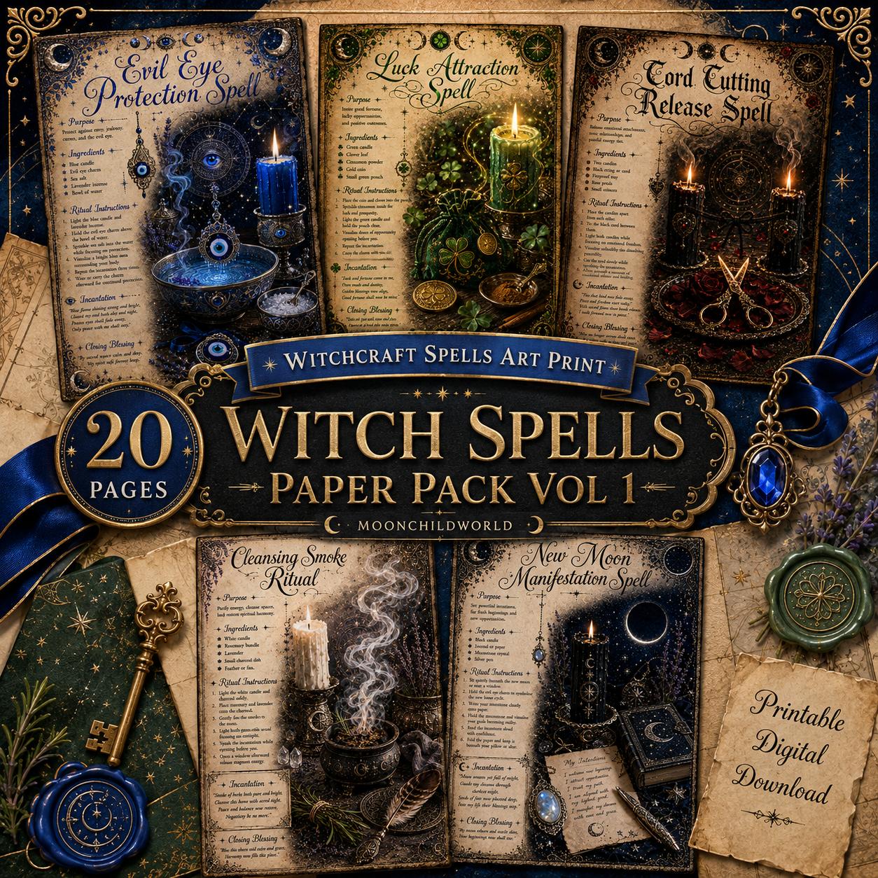 Twenty printable spell pages on aged parchment with gold details, featuring mystical illustrations and ritual instructions.