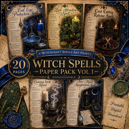 Twenty printable spell pages on aged parchment with gold details, featuring mystical illustrations and ritual instructions.