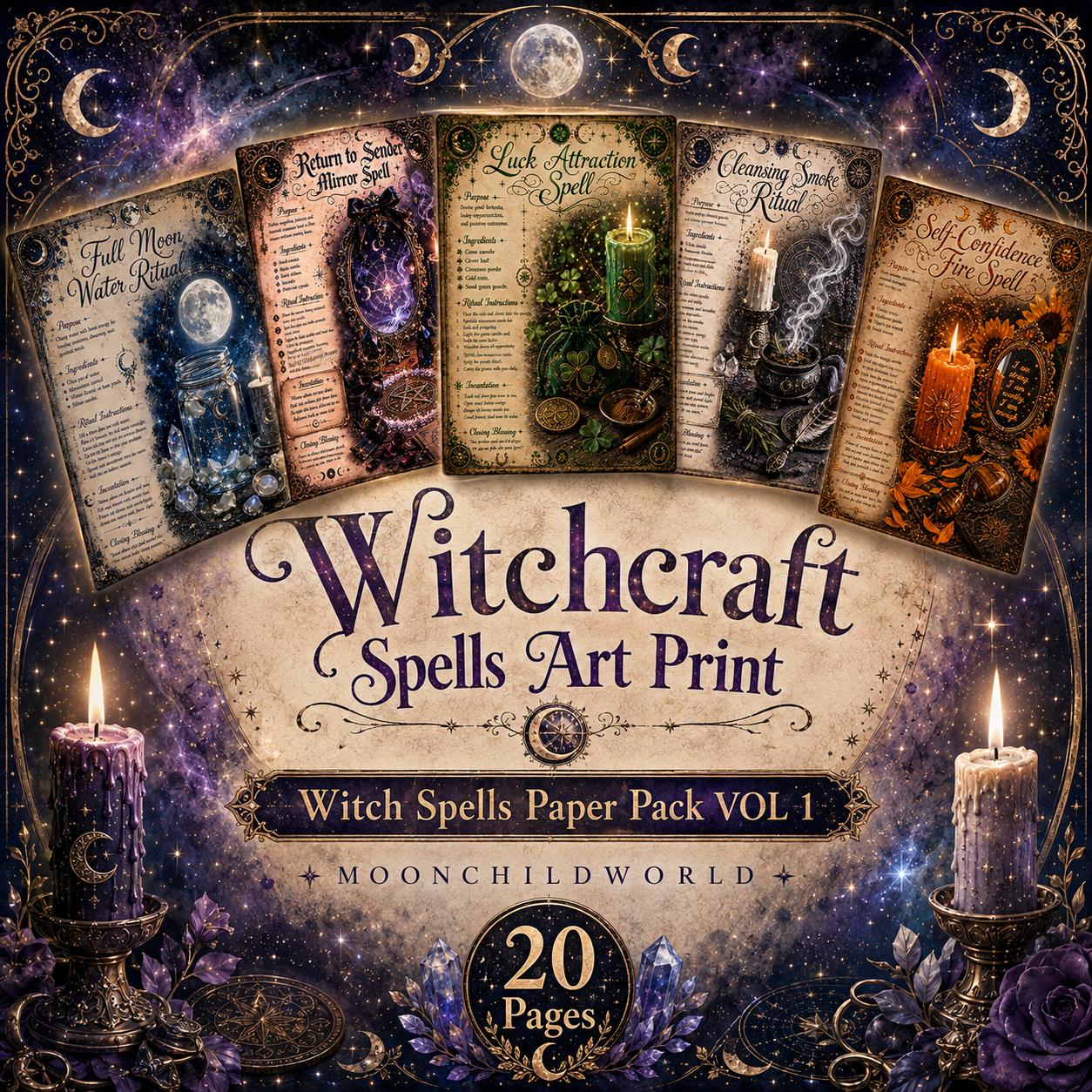 Twenty printable witchcraft spell pages on aged parchment with gold details, featuring mystical illustrations and ritual instructions.