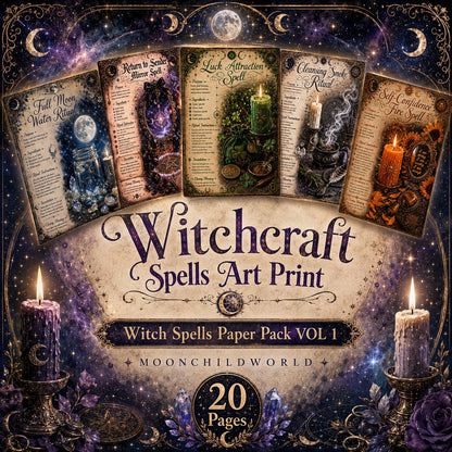 Twenty printable witchcraft spell pages on aged parchment with gold details, featuring mystical illustrations and ritual instructions.