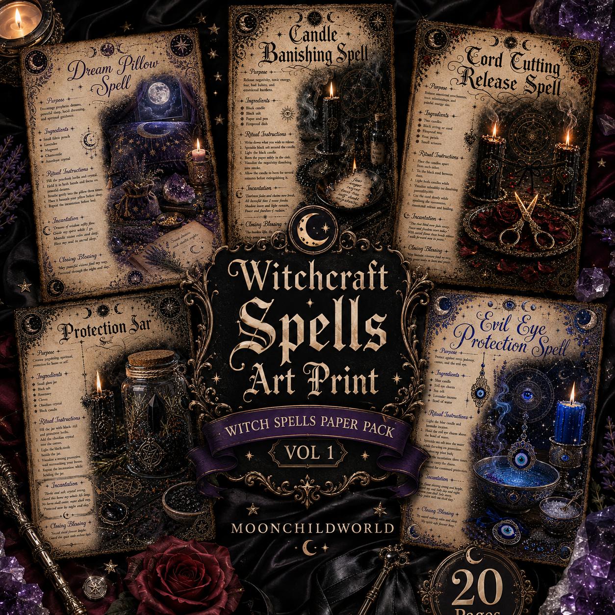 Witchcraft spell pages on aged parchment with gold accents, featuring ritual instructions, illustrations, and mystical symbols.