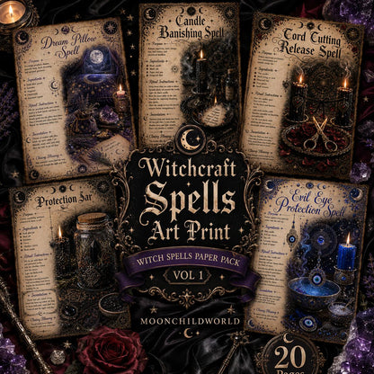 Witchcraft spell pages on aged parchment with gold accents, featuring ritual instructions, illustrations, and mystical symbols.