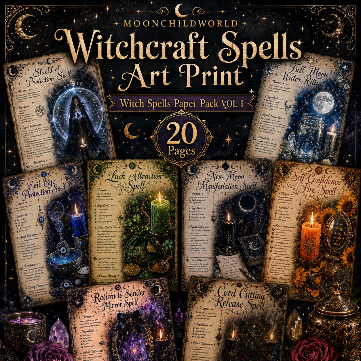 Twenty printable witchcraft spell pages on aged parchment with gold accents, featuring ritual instructions and mystical illustrations.