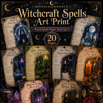 Twenty printable witchcraft spell pages on aged parchment with gold accents, featuring ritual instructions and mystical illustrations.