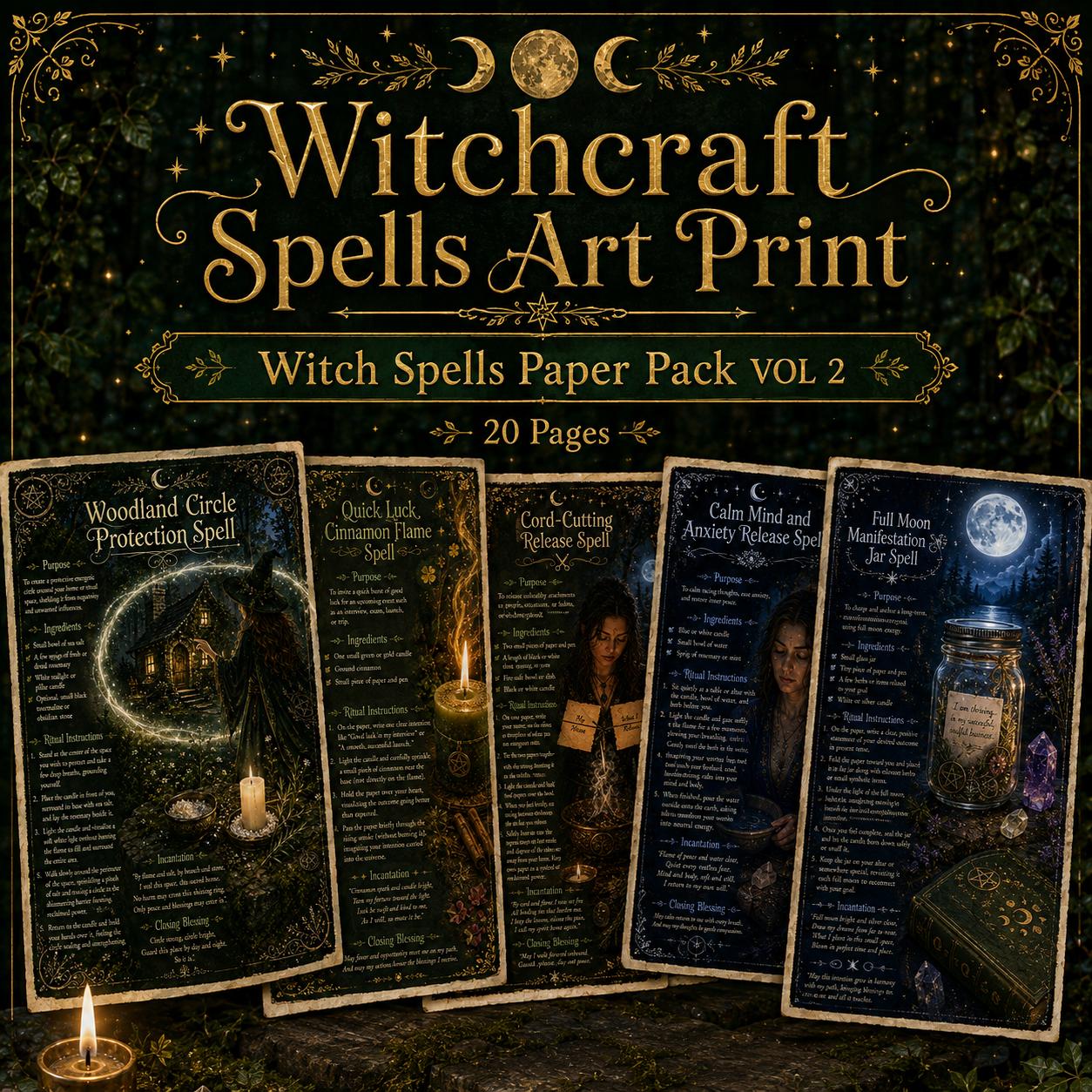 Five black spell pages with gold celestial borders, ritual instructions, and mystical imagery for a witchcraft printable set.