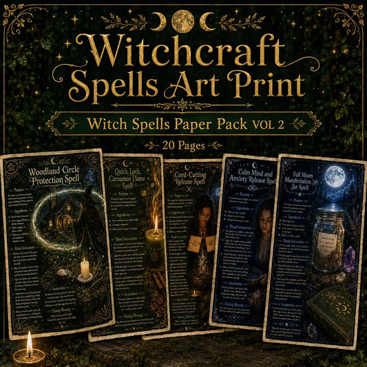 Five black spell pages with gold celestial borders, ritual instructions, and mystical imagery for a witchcraft printable set.