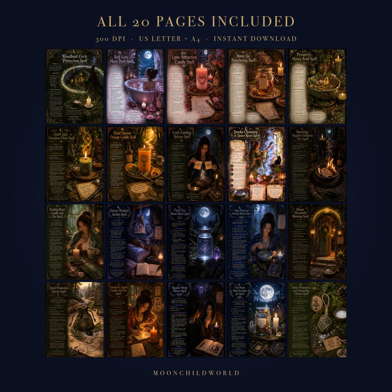 Grid of 20 moody, dark-themed witchcraft spell pages featuring ritual instructions, candles, and mystical illustrations.