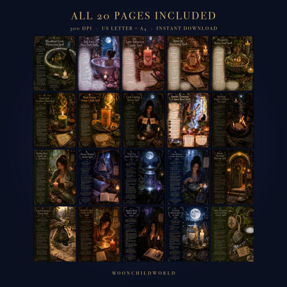 Grid of 20 moody, dark-themed witchcraft spell pages featuring ritual instructions, candles, and mystical illustrations.