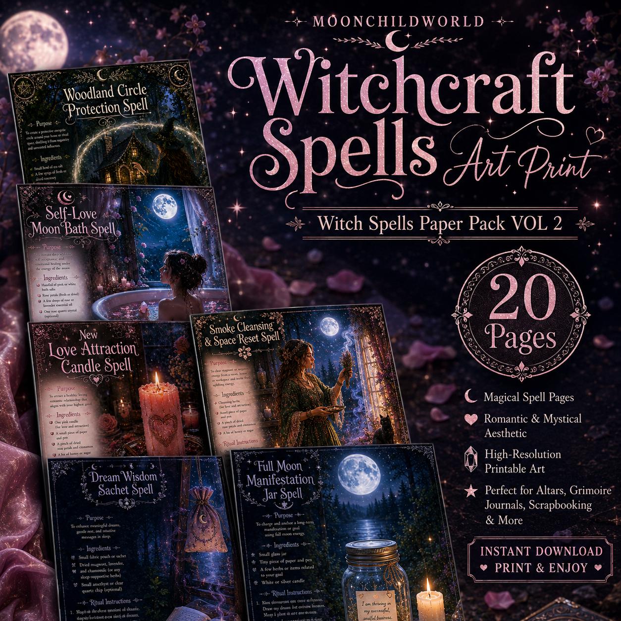 Dark, mystical printable spell pages featuring moonlit scenes, floral accents, and elegant typography for grimoires and altars.