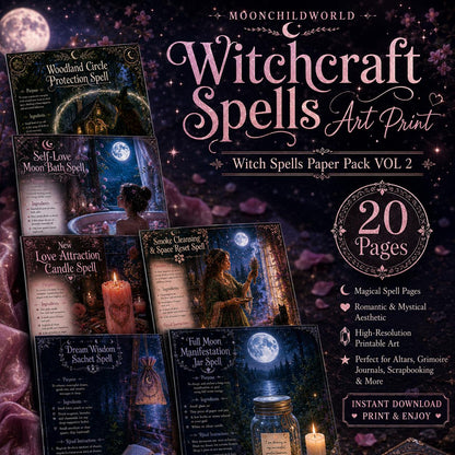 Dark, mystical printable spell pages featuring moonlit scenes, floral accents, and elegant typography for grimoires and altars.