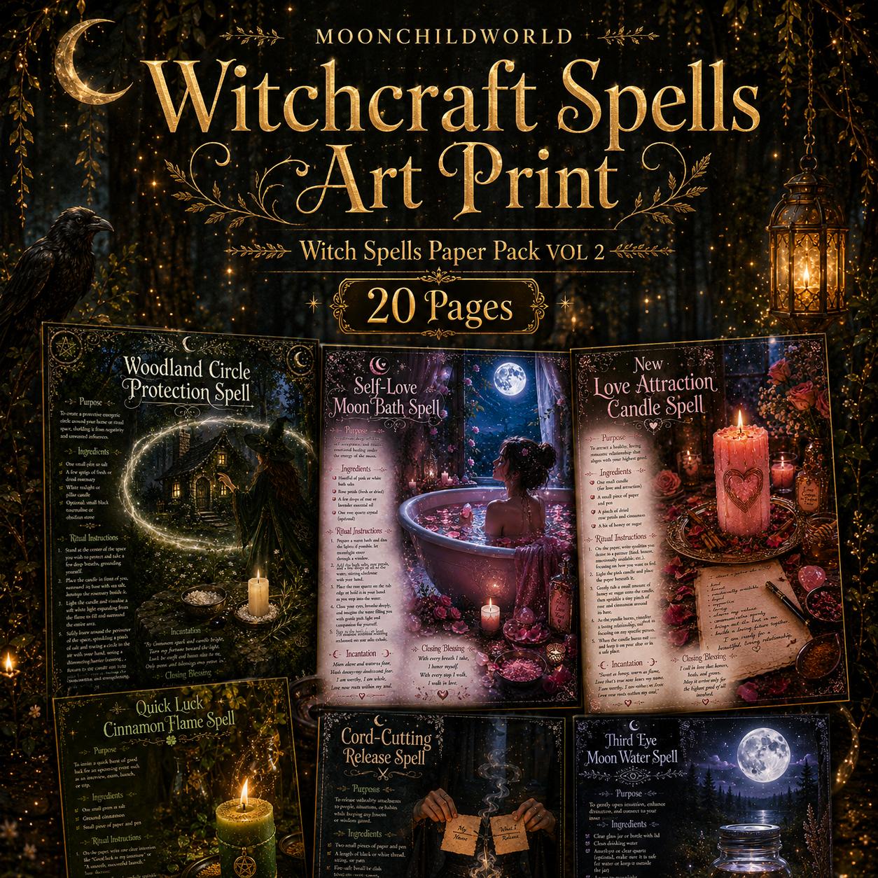 Dark, mystical printable spell pages featuring ornate gold text, moonlit illustrations, and candlelit ritual instructions.
