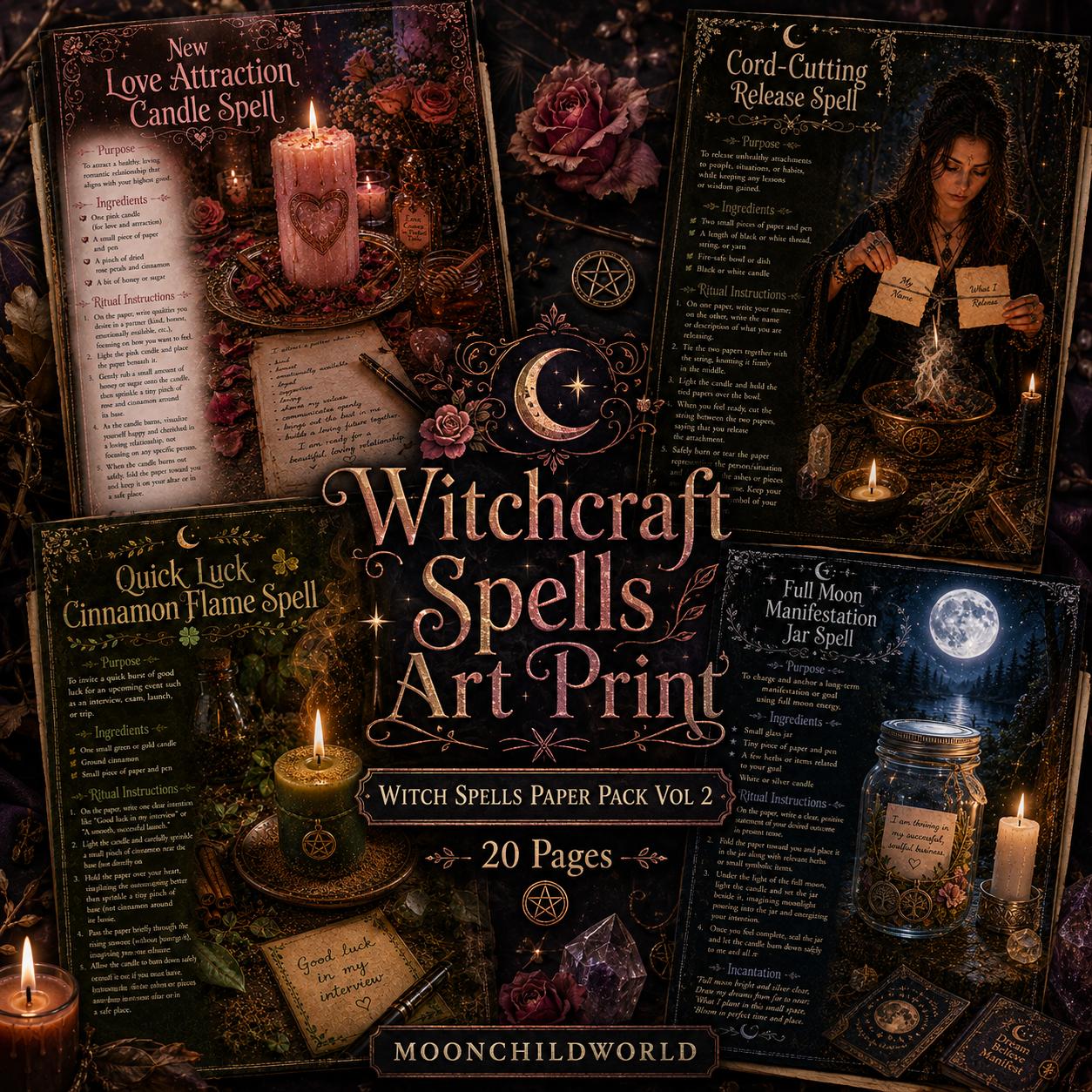 Dark, moody printable spell pages featuring vintage floral designs, candles, crystals, and gold text on a black background.