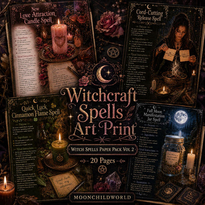 Dark, moody printable spell pages featuring vintage floral designs, candles, crystals, and gold text on a black background.