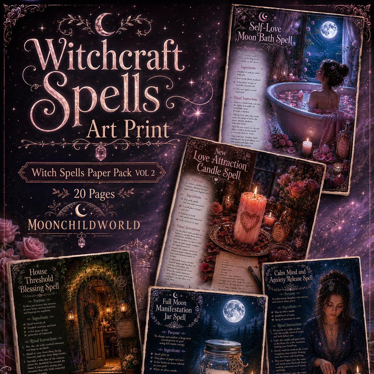 Printable witchcraft spell pages with dark, moody aesthetic, floral accents, and mystical illustrations on parchment-style paper.