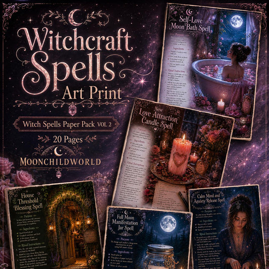 Printable witchcraft spell pages with dark, moody aesthetic, floral accents, and mystical illustrations on parchment-style paper.