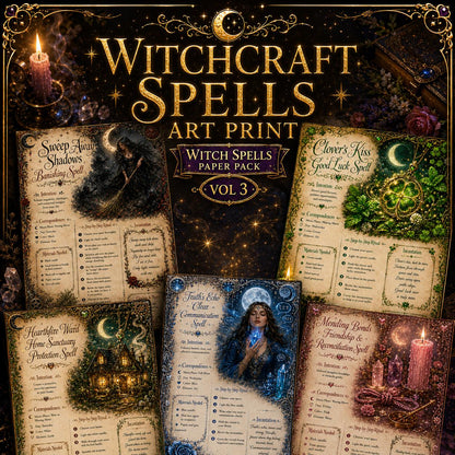 Witchcraft spell pages with gold flourishes, mystical illustrations, and ritual instructions on vintage-style parchment paper.