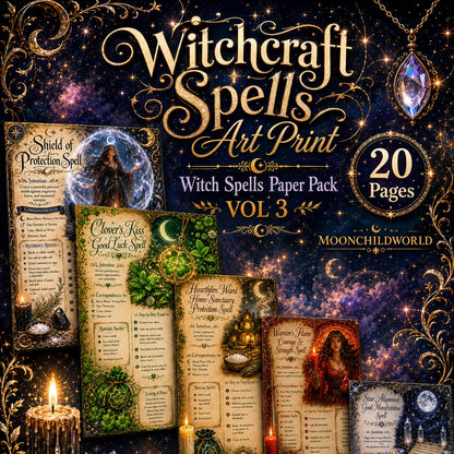 Printable witchcraft spell pages with gold accents, mystical illustrations, and detailed ritual correspondence blocks.