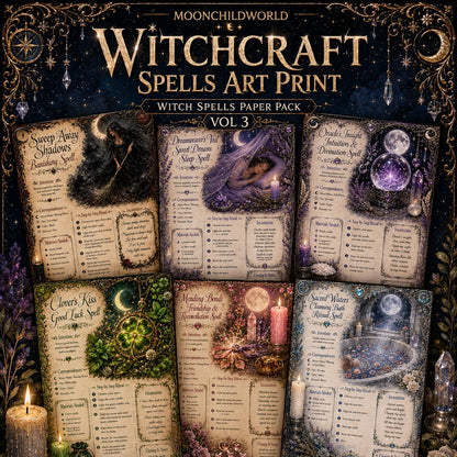 Six illustrated witchcraft spell pages featuring ornate gold borders, mystical artwork, and detailed ritual instructions.