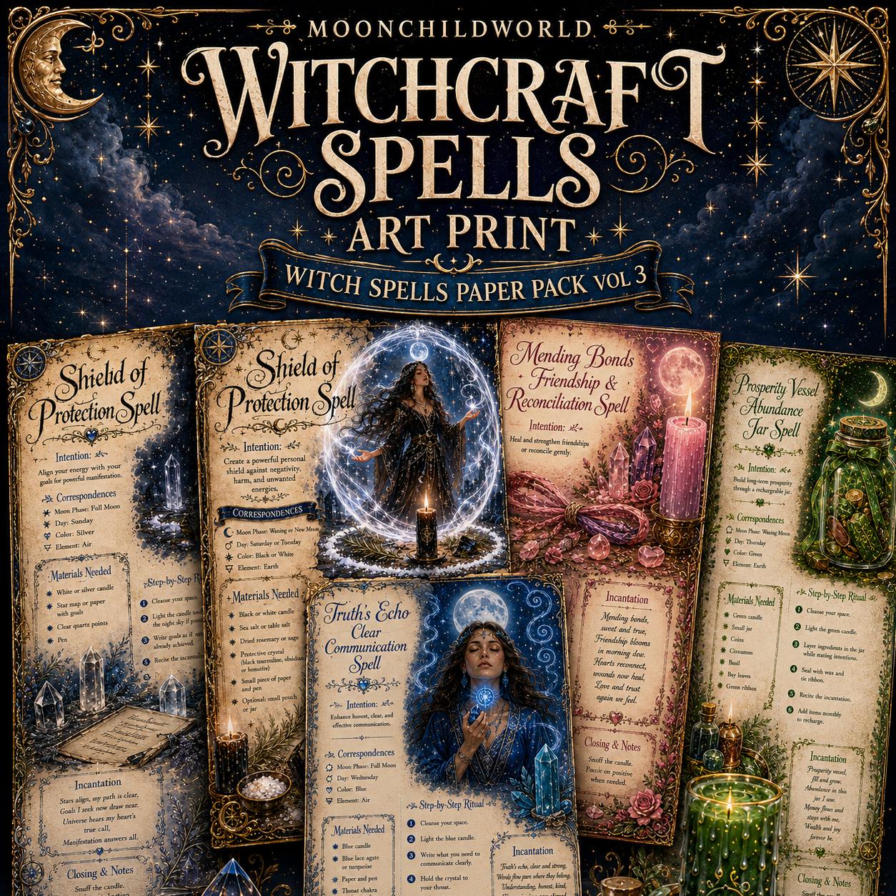 Printable witchcraft spell pages with mystical illustrations, gold text, and ritual correspondence blocks on a dark starry background.