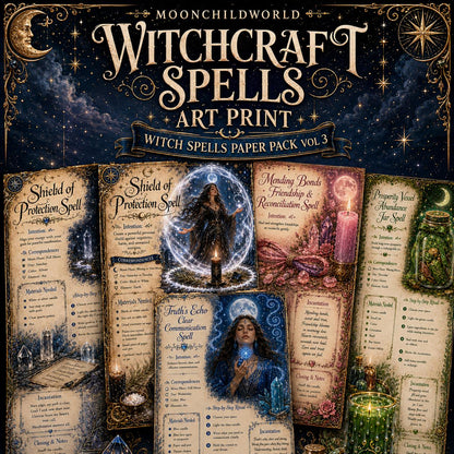 Printable witchcraft spell pages with mystical illustrations, gold text, and ritual correspondence blocks on a dark starry background.