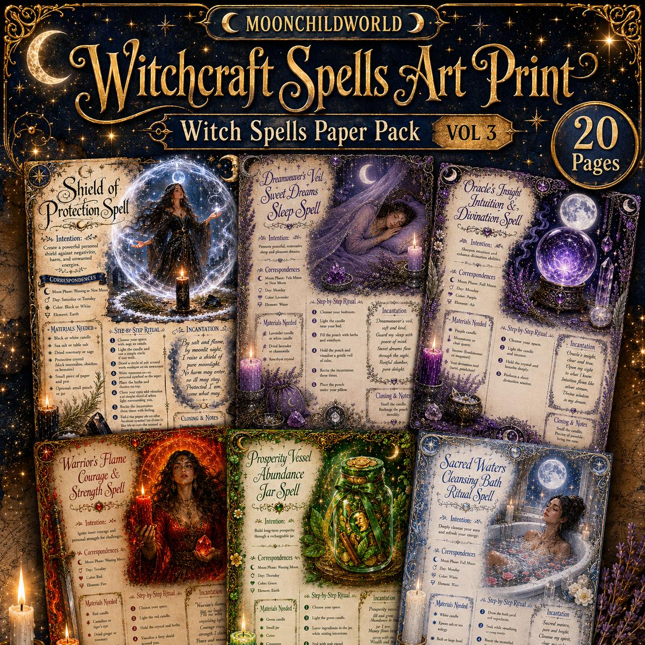 Set of 20 printable witchcraft spell pages with mystical illustrations, ritual instructions, and moon phase correspondence blocks.
