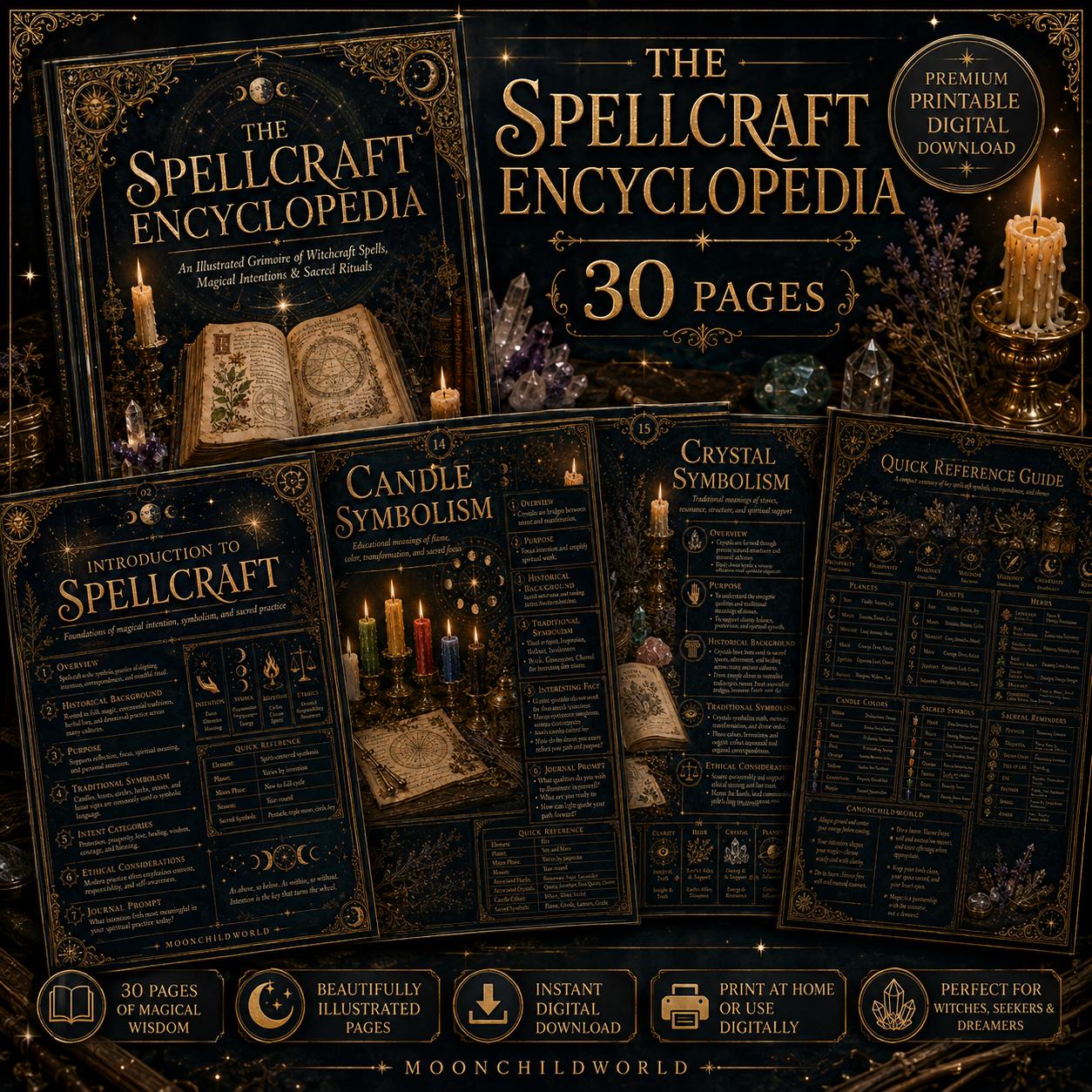 Ornate midnight-blue and gold printable grimoire pages featuring spellcraft guides, crystal symbolism, and candle charts.