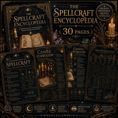 Ornate midnight-blue and gold printable grimoire pages featuring spellcraft guides, crystal symbolism, and candle charts.
