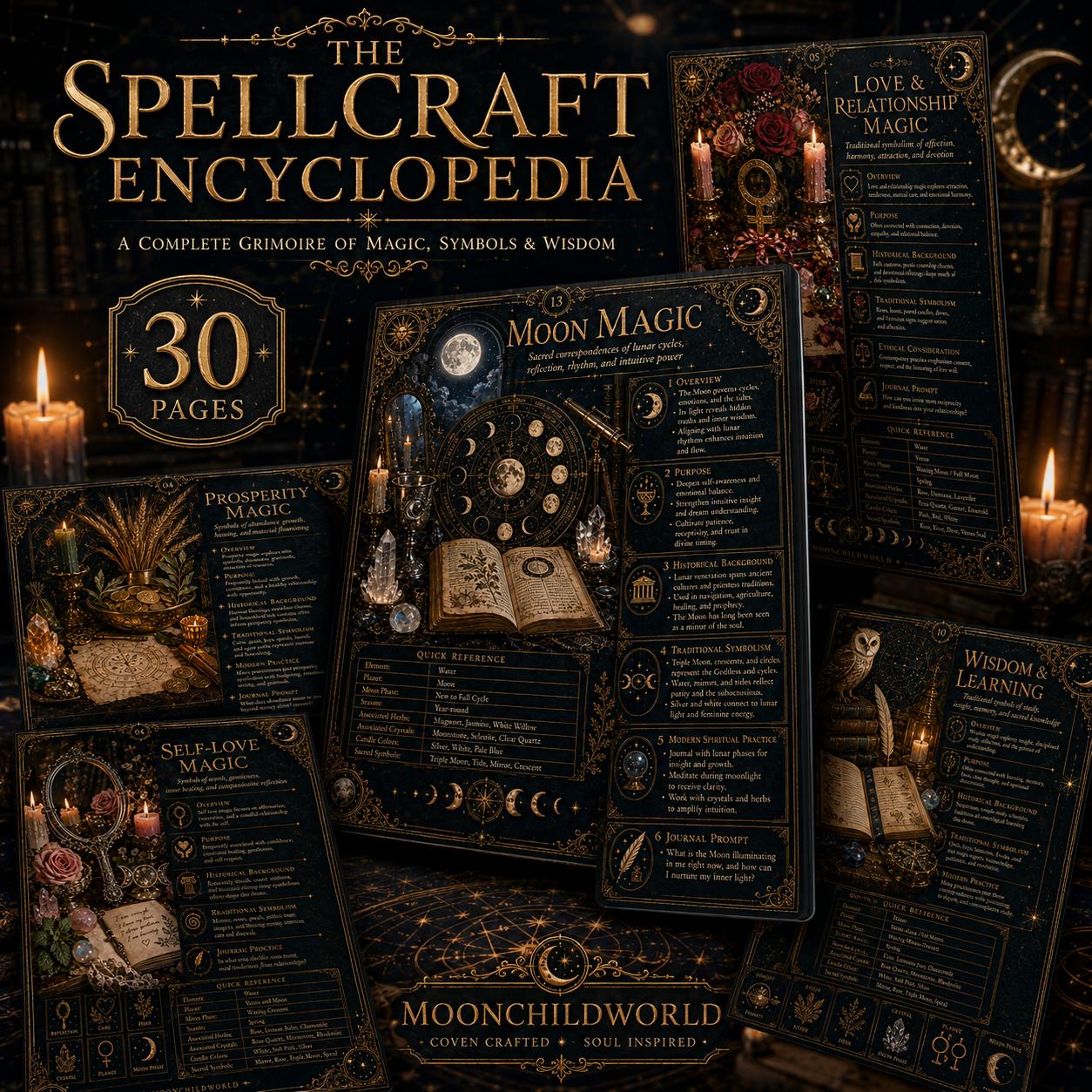 Midnight-blue and gold printable grimoire pages featuring mystical illustrations, lunar cycles, and spellcraft correspondences.